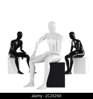 Mannequin blanc assis sur un fond de deux mannequins noirs. Profondeur de champ effet.rendu 3D Banque D'Images