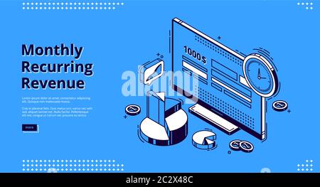 Revenu mensuel récurrent, page de renvoi isométrique mrr. Ordinateur de bureau avec calculateur de budget ou de paiement à l'écran, horloge, pièces et graphiques autour. E Illustration de Vecteur