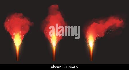 Feu rouge allumé, témoin lumineux pour les situations d'urgence sur route ou en mer. Ensemble de torche à effet vectoriel réaliste avec étincelles et fumée de couleur isolée sur le backgro noir Illustration de Vecteur