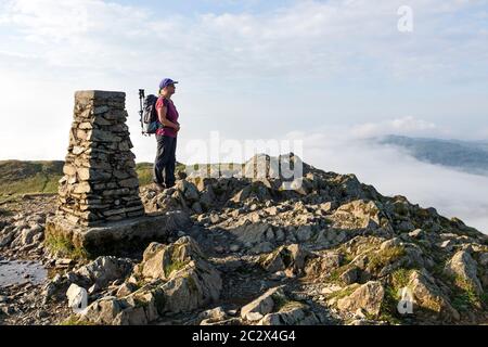 Walker appréciant la vue du sommet de Loughrigg tomba au-dessus de Cloud rempli Vallées, Lake District, Cumbria, Royaume-Uni Banque D'Images