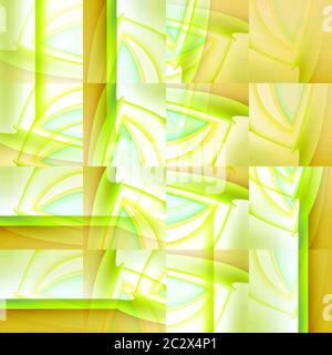 Motif de carrés complexes vert clair jaune ocre bleu clair blanc avec bandes décalées Banque D'Images