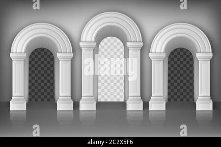 Arches avec colonnes dans le mur réaliste vecteur, portes intérieures avec piliers blancs dans le palais ou le couloir du château, cadres d'arches, entrée portail, antique Illustration de Vecteur