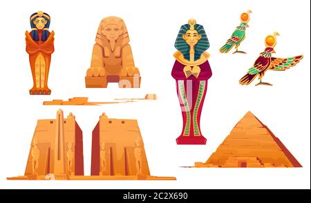 Monuments et divinités égyptiens. Pyramide égyptienne antique, sphinx, sarcophage pharaon, Obélisque de renommée mondiale dans le Temple de Karnak, dieu Ra. Attir. Tourisme Illustration de Vecteur