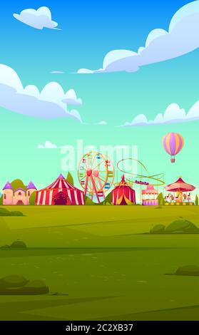 Thème d'arrière-plan pour smartphone avec foire de carnaval. Modèle vectoriel pour économiseur d'écran de téléphone mobile avec cirque et parc d'attractions avec montagnes russes, b Illustration de Vecteur