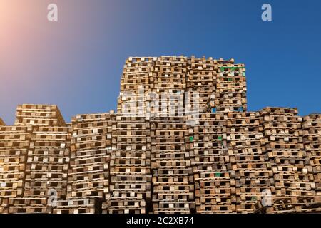 Une grande pile de palettes en bois d'occasion empilées l'une sur l'autre contre un ciel bleu au soleil pour le transport de marchandises dans une compagnie de transport pour Banque D'Images