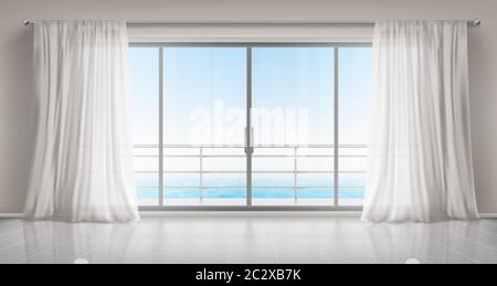 Fenêtres en verre avec rideaux en soie blanche et vue sur la mer. Vector réaliste intérieur de la chambre vide dans la maison ou l'hôtel avec portes vitrées au balcon, t Illustration de Vecteur