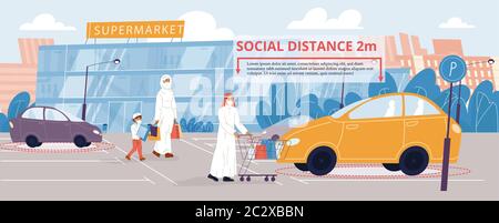Distance sociale de deux mètres sur le parking du marché Illustration de Vecteur