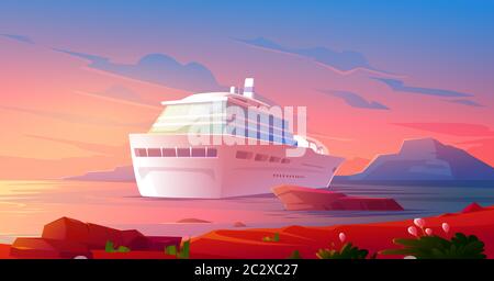 Bateau de croisière dans l'océan au coucher du soleil. Vacances de luxe d'été sur le paquebot de croisière. Illustration vectorielle de paysage tropical avec navire à passagers dans le harbo Illustration de Vecteur