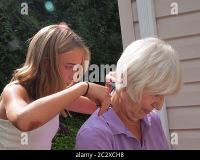 Petite-fille de 12 ans qui tond les poils des grands-mères pendant le shutdown Covid-19. La grand-mère est patiemment assise par la procédure. Banque D'Images