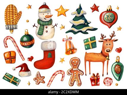 Jeu de Noël avec maison de symboles. Rennes, Santa hat, décorations de Noël, boîtes-cadeaux, étoile, bonhomme de neige, d'épice, chaussette, Bell, un arbre de Noël Banque D'Images
