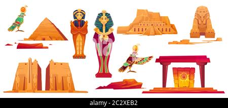 Monuments de l'Égypte ancienne. Icônes vectorielles ensemble de sculptures de dieux égyptiens, sphinx, pyramide et sarcophage doré de pharaon et reine. Temp. Historique Illustration de Vecteur