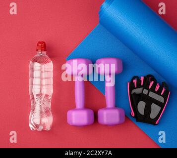bouteille d'eau, tapis bleu en néoprène torsadé, deux haltères et gants sur fond de texture rouge, vue sur le dessus, ensemble sportif Banque D'Images