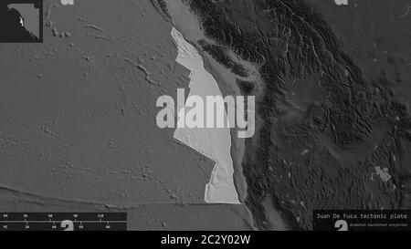 La forme de la plaque Juan de Fuca est entourée d'un fond sombre et désaturé de la carte des niveaux de gris avec des superpositions informatives. Rendu 3D Banque D'Images