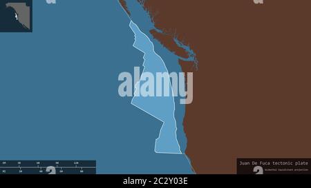 La forme de la plaque Juan de Fuca est entourée d'un fond sombre et désaturé de la carte de motif avec des superpositions informatives. Rendu 3D Banque D'Images