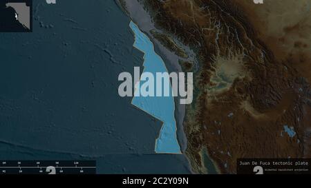 La forme de la plaque Juan de Fuca est entourée d'un fond sombre et désaturé de la carte de relief avec des superpositions informatives. Rendu 3D Banque D'Images