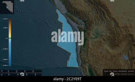 La forme de la plaque Juan de Fuca est entourée d'un fond sombre et désaturé de la carte physique avec des superpositions informatives. Rendu 3D Banque D'Images