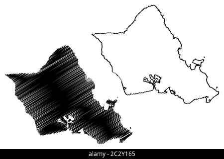 Ville et Comté d'Honolulu, Hawaï (comté des États-Unis, États-Unis d'Amérique, États-Unis, États-Unis, île, archipel) illustration vectorielle de carte, Scribble sket Illustration de Vecteur