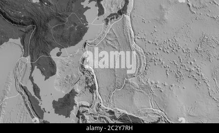 Plan de la plaque tectonique de la mer des Philippines avec les bords des plaques environnantes sur le fond d'une carte à deux niveaux. Rendu 3D Banque D'Images