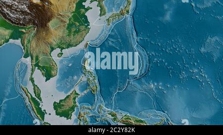 Contour de la plaque tectonique de la mer des Philippines avec les bords des plaques environnantes sur le fond d'une carte physique. Rendu 3D Banque D'Images