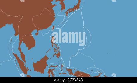 Contour de la plaque tectonique de la mer des Philippines avec les bords des plaques environnantes sur le fond d'une carte de modèle. Rendu 3D Banque D'Images