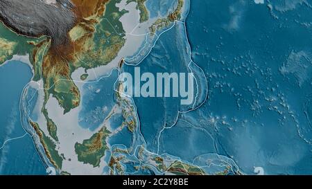 Plan de la plaque tectonique de la mer des Philippines avec les bords des plaques environnantes sur le fond d'une carte de relief. Rendu 3D Banque D'Images