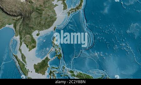 Contour de la plaque tectonique de la mer des Philippines avec les bords des plaques environnantes sur le fond d'une carte satellite. Rendu 3D Banque D'Images