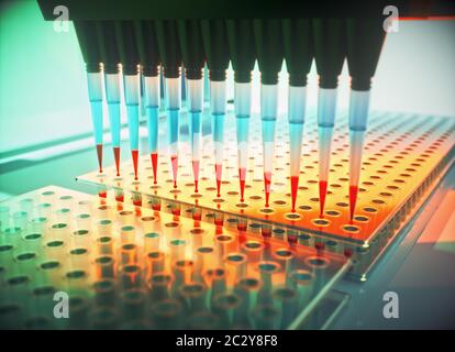 Pipettes multicanaux et plaques multi-puits utilisées en laboratoire de microbiologie. Illustration tridimensionnelle. Banque D'Images