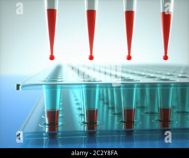 Pipettes multicanaux et plaques multi-puits utilisées en laboratoire de microbiologie. Illustration tridimensionnelle. Banque D'Images