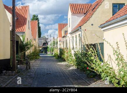 Maisons anciennes dans une étroite ruelle pavée dans le village viking de Dragor, Danemark Banque D'Images