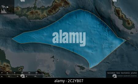 La forme de la plaque de la mer de Salomon est entourée d'un fond sombre et désaturé de la carte de relief avec des superpositions informatives. Rendu 3D Banque D'Images