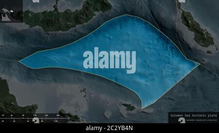 Forme de la plaque de la mer Salomon entourée d'un fond sombre et désaturé de la carte satellite avec des superpositions informatives. Rendu 3D Banque D'Images