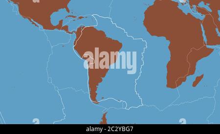 Contour de la plaque tectonique sud-américaine avec les bordures des plaques environnantes sur le fond d'une carte de modèle. Rendu 3D Banque D'Images