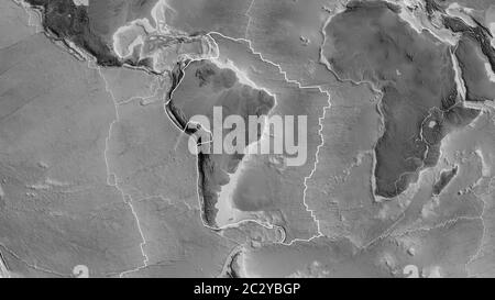 Contour de la plaque tectonique sud-américaine avec les bordures des plaques environnantes sur le fond d'une carte en niveaux de gris. Rendu 3D Banque D'Images