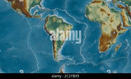 Contour de la plaque tectonique sud-américaine avec les bordures des plaques environnantes sur le fond d'une carte de relief. Rendu 3D Banque D'Images