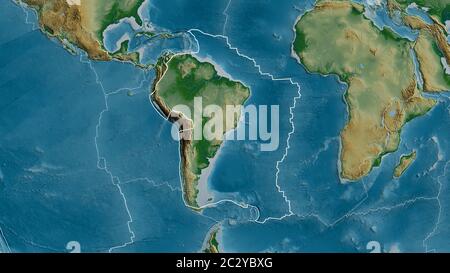 Contour de la plaque tectonique sud-américaine avec les bords des plaques environnantes sur le fond d'une carte physique. Rendu 3D Banque D'Images