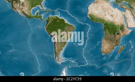 Contour de la plaque tectonique sud-américaine avec les bords des plaques environnantes sur le fond d'une carte satellite. Rendu 3D Banque D'Images
