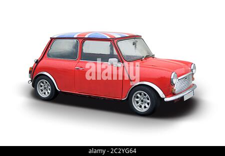 Classic British mini car side view isolated on white Banque D'Images