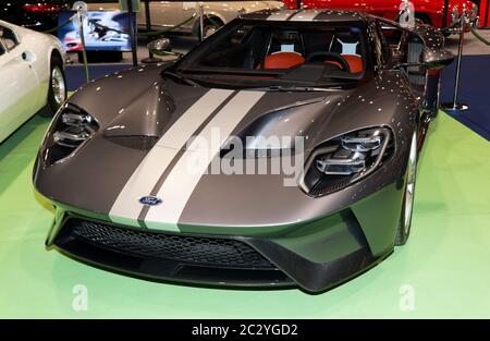 Vue des trois quarts avant du Ford GT 2018, exposée au salon de l'auto de Londres 2019 Banque D'Images