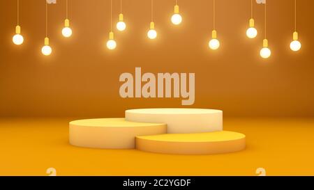 Rendu 3D de trois podiums sur fond jaune et lumières suspendues pour la scène de présentation du produit Banque D'Images