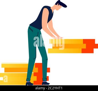 Le personnage masculin déplace le vecteur de dessin animé CARGO. Travailleur, homme en tenue décontractée a pris la charge en main et la déplace à un autre endroit, chargeur de personne ou porteur iso Illustration de Vecteur