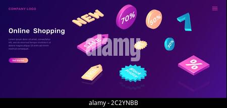 Achat en ligne, illustration vectorielle de concept isométrique. 3D vente et rabais promo icônes sur fond ultraviolet, page d'arrivée de l'agence de publicité Illustration de Vecteur