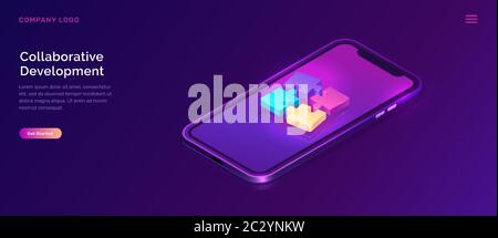 Développement collaboratif, vecteur de concept métier isométrique. Écran de téléphone mobile avec éléments de casse-tête de couleur ou icônes sur fond ultraviolet. Équipe Illustration de Vecteur