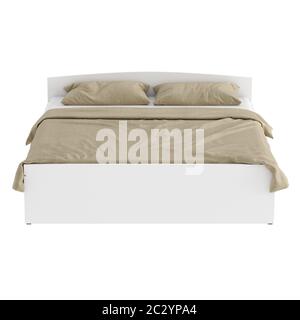 Lit double en bois blanc avec linge beige. Vue avant. rendu 3d Banque D'Images