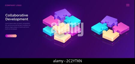 Développement collaboratif, vecteur de concept métier isométrique. Éléments de casse-tête de couleur ou icônes sur fond ultraviolet. Travail d'équipe, coopération, partenaire Illustration de Vecteur