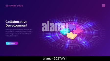 Développement collaboratif, vecteur de concept métier isométrique. Éléments de casse-tête de couleur ou icônes sur fond ultraviolet avec anneau néon bleu brillant. Te Illustration de Vecteur