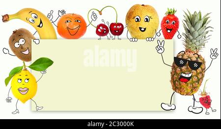 Les fruits avec personnage de dessin animé ont un signe Banque D'Images
