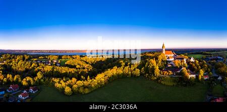 Vue aérienne, Monastère d'Andechs, Pfaffenwinkel, Lac Ammer, haute-Bavière, Bavière Banque D'Images