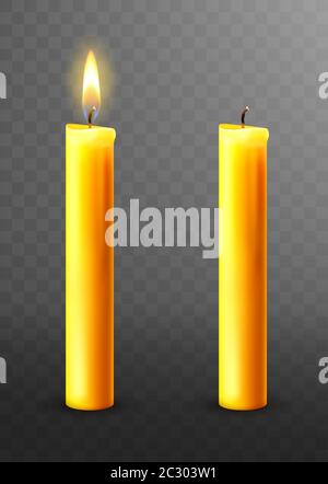 Bougie allumée, illustration vectorielle réaliste. Bougies jaunes avec une flamme dorée allumée et éteinte isolées sur transparent. Noël église collectionne Illustration de Vecteur