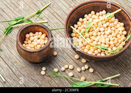 Pousses de pois germés et pois secs sur table en bois Banque D'Images