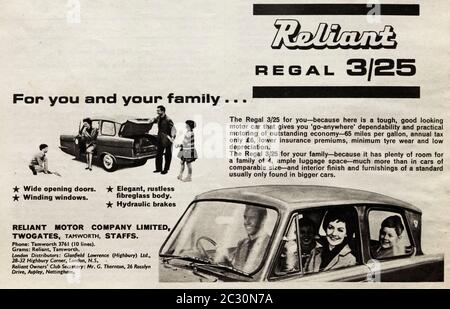 Publicité vintage pour la berline à trois roues britannique reliant Regal 3/25. Banque D'Images